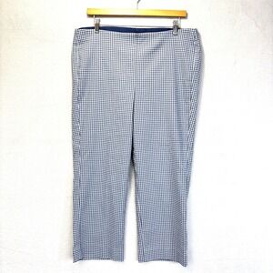 Chicos 2 Cropped Pants Womens 12 Blue Gingham Check Straight Leg Pull On Stretch
